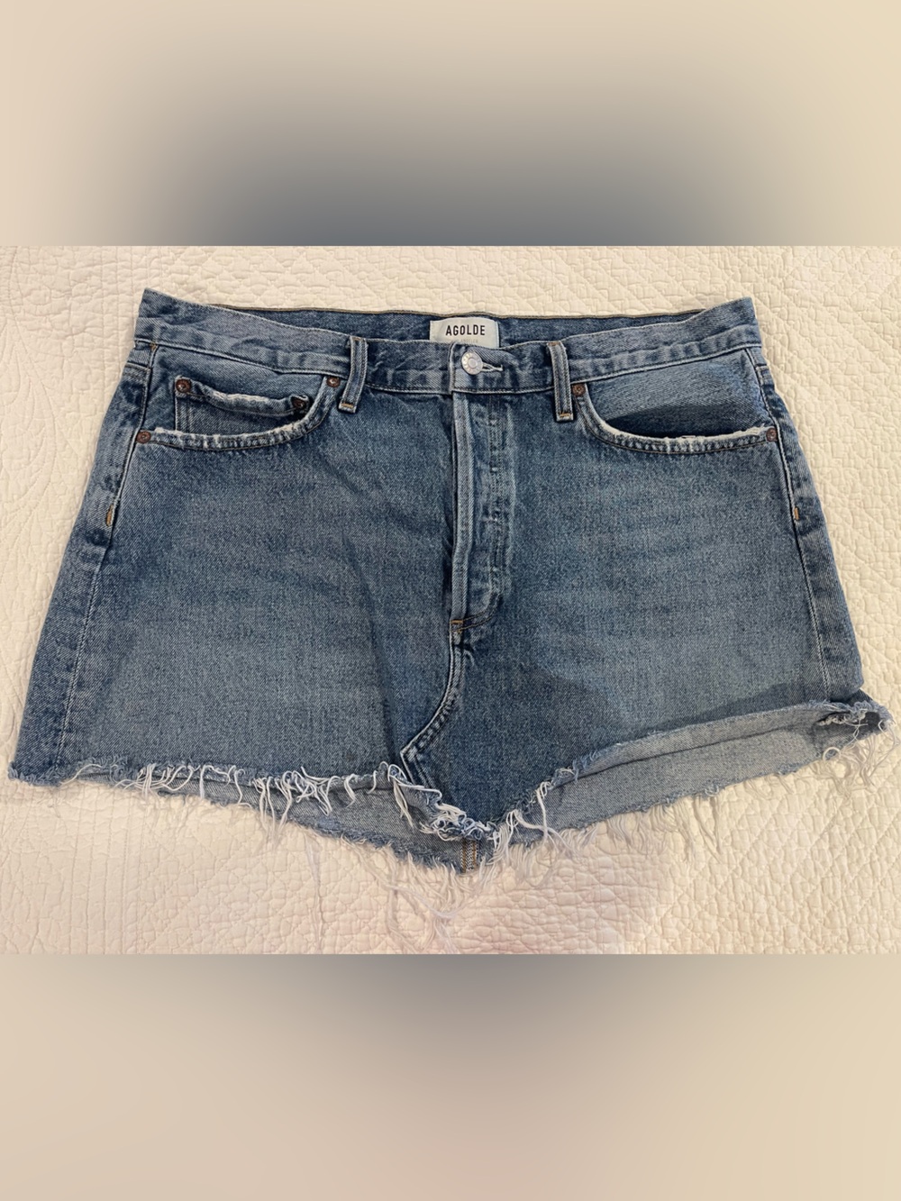 Agolde Parker Angled Distressed Denim Cutoff Jean Skirt Sz 31 Organic Cotton